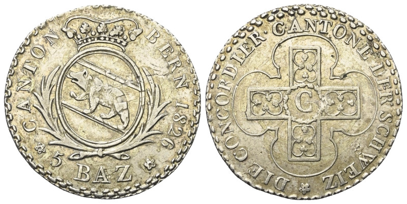 Schweiz. Bern.

 5 Batzen (Silber). 1826.
Vs: Bekröntes Wappen zwischen Zweig...