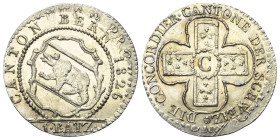 Schweiz. Bern.

 1 Batzen (Silber). 1826.
Vs: Bekröntes Wappen zwischen Zweigen über Wertangabe.
Rs: Kreuz mit C in der Mitte und floralem Dekor i...