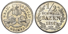 Schweiz. xGraubünden.

 1/2 Batzen (Silber). 1836.
Vs: Wappen.
Rs: Wert und Jahr in Eichenkranz.

19 mm. 2,05 g. 

HMZ 606d.
 Stempelfrisches...