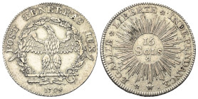 Schweiz. Genf.

 15 Sols (Silber). 1794.
Vs: Adler in Kranz hält einen Schlüssel.
Rs: Wertbezeichnung in Sonne.

24 mm. 3,03 g. 

HMZ 342.
 V...