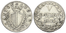 Schweiz. Luzern.

 5 Batzen (Silber). 1806.
Vs: Wappen in Kranz.
Rs: Wertbezeichnung in Eichenkranz, darunter Jahreszahl.

24 mm. 4,40 g. 

HM...
