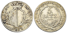 Schweiz. Luzern.

 5 Batzen (Silber). 1815.
Vs: Wappen in Kranz.
Rs: Wertbezeichnung in Eichenkranz, darunter Jahreszahl.

24 mm. 4,40 g. 

HM...