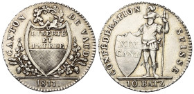Schweiz. Waadt.

 10 Batzen (Silber). 1811.
Vs: Wappen zwischen Zweigen über Jahreszahl.
Rs: Landsknecht mit Hellebarde und Schild leicht nach lin...