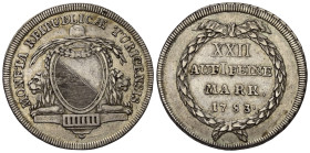 Schweiz. Zürich - Stadt.

 1/2 Taler (Silber). 1783.
Vs: Wappen.
Rs: Wertbezeichnung und Jahreszahl in Kranz.

32 mm. 12,50 g. 

HMZ 1165p.
 ...