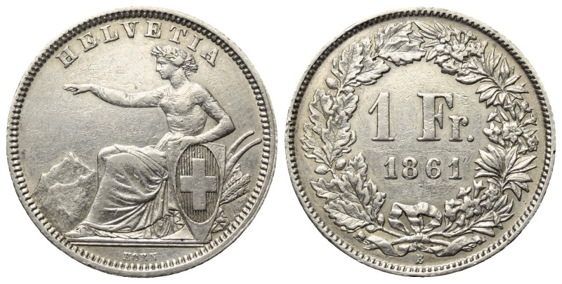 Schweiz. Eidgenossenschaft.

 1 Franken (Silber). 1861 B.
Vs: Sitzende Helvet...