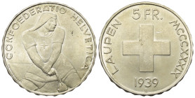 Schweiz. Eidgenossenschaft.

 5 Franken (Silber). 1939.
Zum Gedenken an die Schlacht von Laupen (1339).

31 mm
. 15,00 g. 

HMZ 1223; KM 42.
...