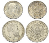 Deutschland - Lots.


Kaiserreich. 
Württemberg. Wilhelm II. (1891 - 1918).

Lot (2 Stück, Silber): 5 Mark 1903 F und 3 Mark 1909 F.

Sehr sch...