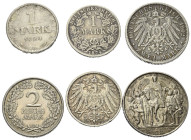Deutschland - Lots.


Deutschland nach 1871. 
Kaiserzeit und Weimarer Republik.

Lot (6 Stück, Silber): 2 Mark 1902 A, 1913 und 1926 A; 1 Mark 1...