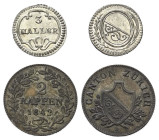 Europa - Lots.


Schweiz. Zürich.

Lot (2 Stück, Silber/Kupfer): 3 Haller ohne Jahr und 2 Rappen 1842.

HMZ 1180a und 1177a.
Fast vorzüglich -...
