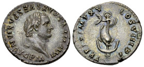 Titus AR Denarius, Dolphin coiled around anchor reverse
