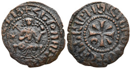 ARMENIA. Cilician Armenia. Hetoum I (AD 1226-1270)
AE Kardez (25,3mm 2,5g)
Obv: King enthroned facing, holding lis-sceptre and globus-cruciger; star...