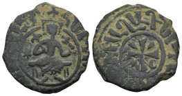 ARMENIA. Cilician Armenia. Hetoum I (AD 1226-1270)
AE Kardez (21,9mm 4,2g)
Obv: Hetoum seated facing on bench, holding lis-tipped scepter and globus...