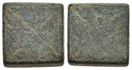Byzantine bronze weight
(12,1g 15,4mm diameter)
Obv: Large X
Rev: Blank