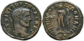 GALERIO MAXIMIANO. Follis. (Ae. 9,98g/28mm). 296-297 d.C. Antioquía. (RIC 56). Anv: Cabeza laureado de Maximiano a derecha, alrededor leyenda: MAXIMIA...