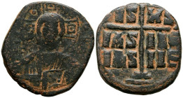 ANONIMO, atribuído a Romano III. Follis. (Ae. 10,70g/27mm). 1028-1034 d.C. Constantinopla. (Seaby 1823). Anv: Busto de Cristo de frente con Evangelio,...