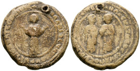 ANONIMO. Sello. (Pb. 25,99g/33mm). Posiblemente siglo XI. Anv: Virgen de ''Blachernitissa'', nimbada estante de frente con las brazos extendidos, alre...