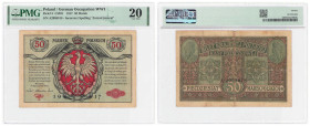 Polish banknotes 1916 - 1948
POLSKA / POLAND / POLEN / POLOGNE / POLSKO

50 marek polskich 1916 seria A, Biletów, jenerał PMG 20 

Odmiana z zapi...