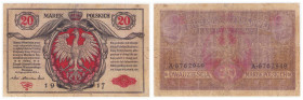 Polish banknotes 1916 - 1948
POLSKA / POLAND / POLEN / POLOGNE / POLSKO

20 marek polskich 1916 seria A, Generał 

Ślady długiego obiegu, rzadszy...