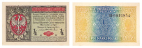 Polish banknotes 1916 - 1948
POLSKA / POLAND / POLEN / POLOGNE / POLSKO

1/2 marki polskiej 1916 seria B, Generał 

Pięknie zachowane.&nbsp;

C...