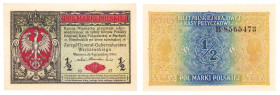 Polish banknotes 1916 - 1948
POLSKA / POLAND / POLEN / POLOGNE / POLSKO

1/2 marki polskiej 1916 seria B, Generał 

Pięknie zachowane.&nbsp;

C...