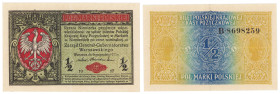 Polish banknotes 1916 - 1948
POLSKA / POLAND / POLEN / POLOGNE / POLSKO

1/2 marki polskiej 1916 seria B, Generał 

Złamanie w pionie i poziomie....