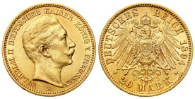 Germany
Germany Prussia 20 Mark 1894 A, Berlin 

Ładnie zachowany egzemplarz.

Details: 7,99 g Au.900 
Condition: 2 (EF) 
Literature: Friedberg...