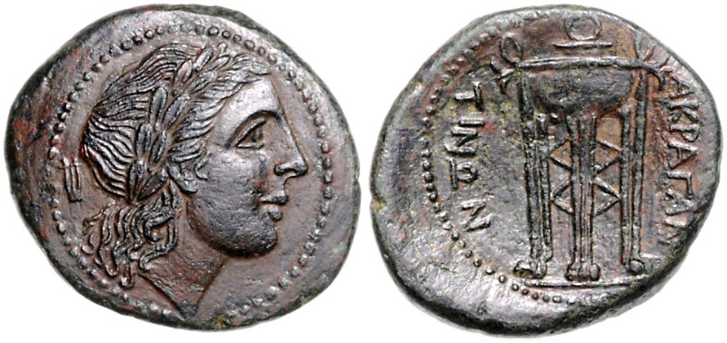 ITALIEN, SIZILIEN, Stadt Akragas, AE Hemilitron (279-241 v.Chr.). Belorb. Kopf d...