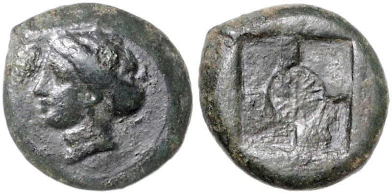 ITALIEN, SIZILIEN, Stadt Syrakus, AE 18 (425-424 v.Chr.). Kopf der Arethusa l. R...