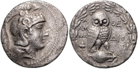GRIECHENLAND, ATTIKA, Stadt Athen, AR Tetradrachme (196-186 v.Chr.). Kopf der Athena. Rs.Eule auf Amphora. 15,61g.
 ss
SNG Cop.125