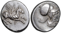 GRIECHENLAND, KORINTH, Stadt Korinth, AR Stater (400-350 v.Chr.). Pegasos r. Rs. Athenakopf r., Beiz.Peitsche(?). 8,48g.
 Vs.Ggst., Rs.l.dez., ss-vz...