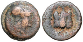 GRIECHENLAND, KYKLADEN, Insel Keos, Insel Melos. AE 18 (4.-3.Jh. v.Chr.). Behelm. und bartloser Männerkopf r. Rs.Granatapfel. 3,65g; 12h.
 selten, ss...