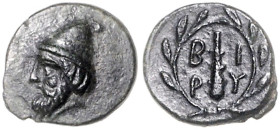 KLEINASIEN, TROAS, Stadt Birytis, AE 11 (ca.300 v.Chr.). Kopf des Kabeiros r. mit Pilos-Kappe. Rs.Keule im Lorbeerkranz zw. B-I P-Y. 1,56g.
 vz
Sear...