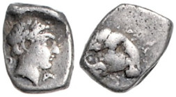 KLEINASIEN, TROAS, Stadt Kebren, AR Obol (ca. 400 v.Chr.). Apollokopf r., A i.F.r. Rs.Widderkopf r. 0,57g.
 f.ss
BMC 17.44.14 ff