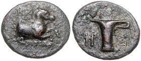 KLEINASIEN, AIOLIS, Stadt Kyme, AE 18 (320-250 v.Chr.). Pferdeprotome r. Rs.Becher mit Henkel. 3,34g; 11h.
 braune Patina, ss+
BMC 17.108.40ff; Var.