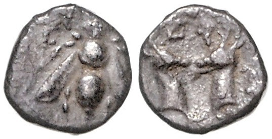KLEINASIEN, IONIEN, Stadt Ephesos, AR Diobol (390-330 v.Chr.). Biene. Rs.Zwei Hi...