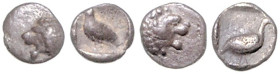 KLEINASIEN, IONIEN, Stadt Milet, AR Hemiobol (510-494 v.Chr.). Löwenkopf l. Rs.Steinhuhn im quadratum incusum. 0,22g und 0,23g.
 2 Stk., ss
Tübingen...