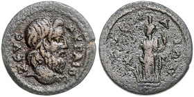 KLEINASIEN, IONIEN, Stadt Smyrna, AE 19 (2.Jahrh.n.Chr.). Kopf des Zeus Akraios. Rs.Steh. Tyche mit Ruder u. Füllhorn. 20mm; 4,34g; 6h.
 ss
BMC; 14....