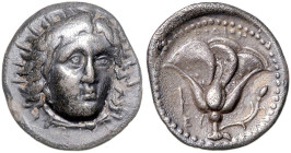 KLEINASIEN, KARIEN, Insel Rhodos, AR Didrachme (387-304 v.Chr.). Helioskopf leicht r. Rs.Rose mit Knospen, Magistratsname PODION E-Y. 6,36g.
 ss
Sea...