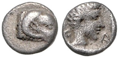 KLEINASIEN, KARIEN, Stadt Halikarnassos, AR Hemiobol (395-377 v.Chr.). Widderkop...