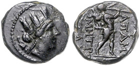 KLEINASIEN, PHRYGIEN, Stadt Apameia, AE 16 (133-48 v.Chr.). Büste der Artemis mit Mauerkrone r. Rs.Marsyas mit Doppelflöte r. schreitend. 3,59g.
 ss...