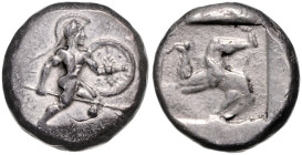 KLEINASIEN, PAMPHYLIEN, Stadt Aspendos, AR Stater (ca.460-420 v.Chr.). Behelmter Krieger mit Schild und Speer r. Rs.Triskeles aus menschlichen Beinen ...