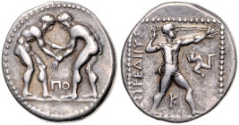 KLEINASIEN, PAMPHYLIEN, Stadt Aspendos, AR Stater (370-330 v.Chr.). 2 nackte Athleten, PO. Rs.Schleuderer r., im Feld Triskeles, K zw. den Beinen. 22m...