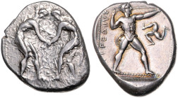 KLEINASIEN, PAMPHYLIEN, Stadt Aspendos, AR Stater (385-370 v.Chr.). 2 Ringer. Rs.Schleuderer r., i.F.r. Triskeles. 10,93g.
 ss/f.vz
BMC 19.96.20; Se...
