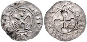 FRANKREICH / VALENCE, BISTUM, Anonym, 13.-15.Jahrhundert, Denar o.J. (12. Jahrh.). Kugelkreuz, in einem Winkel Ringel. Rs.Adler von vorn. 0,89g.
 ss+...