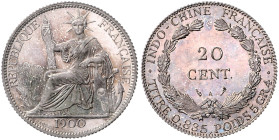 FRANZÖSISCH-INDOCHINA, 1884-1954, 20 Centimes 1900 A, Paris. 36mm; 5,40g; 6h.
 Prachtex., herrliche Tönung, st
KM 3a