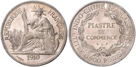FRANZÖSISCH-INDOCHINA, 1884-1954, Piaster 1910 A. 39mm; 27,11g; 6h.
 Prachtex., schöne Tönung, vz-st
KM 5a.1