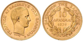 GRIECHENLAND, Georg I., 1863-1913, 10 Drachmen 1876 A, Paris. 3,19g.
Ware ist MwSt-befreit
VAT tax free
GOLD, vz
KM 48; Frbg.16
