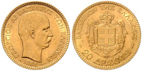 GRIECHENLAND, Georg I., 1863-1913, 20 Drachmen 1884 A, Paris. 6,43g.
Ware ist MwSt-befreit
VAT tax free
GOLD, vz/st
KM 56