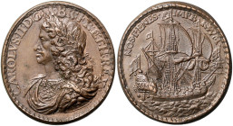 GROSSBRITANNIEN, Charles II., 1660-1685, Ovale Br.-Med. o.J. (von Thomas Rawlins) auf die kommende Regierung. Brustb. l. Rs.Segelschiff r. in voller F...