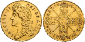 GROSSBRITANNIEN, Jakob II., 1685-1688, 5 Guinea 1688. 38mm; 41,66g; 6h.
 GOLD, ss
KM 640.1
